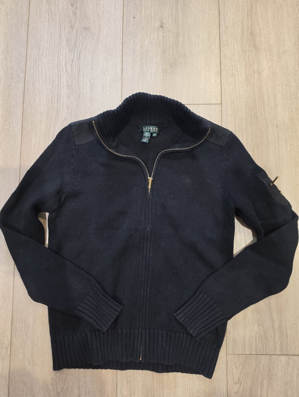 Lauren Ralph Lauren Navy Zip Up Cotton Knit Sweater Jacket XS Gold Crest Pocket